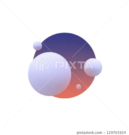 Gradient sphere with smaller orbs creates modern, abstract design. main sphere transitions from blue to orange, surrounded by smaller white spheres, evoking sense of depth and creativity 129701924