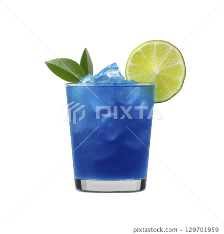 Refreshing blue cocktail in glass with ice cubes, garnished with lime slice and green leaves, evokes tropical vibe 129701959