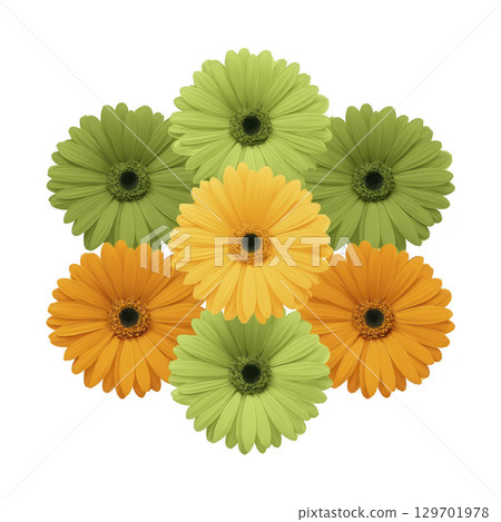 Vibrant arrangement of green and orange gerbera daisies forms symmetrical pattern, creating cheerful and lively floral display. bright colors and circular arrangement evoke sense of harmony Vibrant arrangement of green and orange gerbera daisies forms symmetrical pattern, creating cheerful and lively floral display. bright colors and circular arrangement evoke sense of harmony 129701978