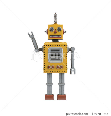 Vintage toy robot with yellow body and mechanical limbs stands waving, showcasing retro design with cheerful expression. Its metallic features and bright colors evoke nostalgia 129701983