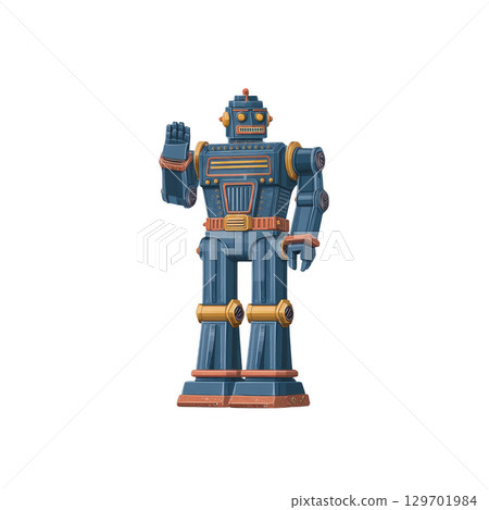 Vintage style robot toy with retro design, featuring blue and orange colors, stands with raised arm. robot has boxy shape and intricate details, evoking nostalgia 129701984