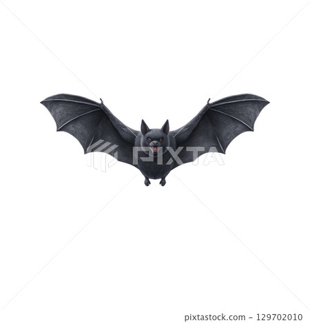 Black bat with outstretched wings flies against transparent background, showcasing its detailed features and sharp fangs. image captures bat in mid flight, emphasizing its nocturnal nature 129702010