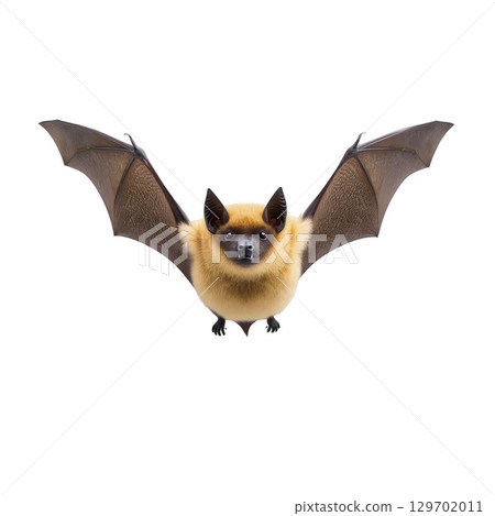 Bat with outstretched wings is flying against transparency background, showcasing its detailed fur and wing structure. image captures bat unique features and natural beauty 129702011