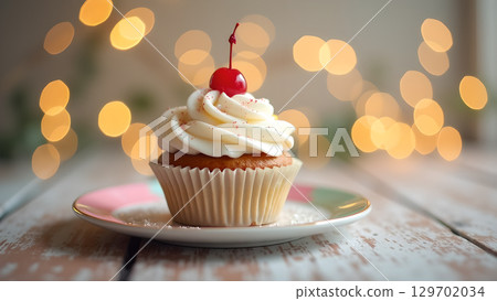 Delicious cupcake with white frosting and a cherry on top on a wooden table with bokeh lights Delicious cupcake with white frosting and a cherry on top on a wooden table with bokeh lights 129702034