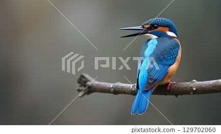 Common kingfisher perched on a tree branch presenting vibrant plumage and distinctive colors in nature 129702060