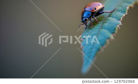 Close up photo of a ladybug on a leaf creating an interesting nature background shot 129702068