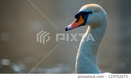 Elegant swan portrait showcasing graceful neck and vibrant beak with blurred background capturing natural beauty and serenity 129702073
