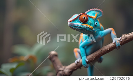 Captivating Chameleon Perched Gracefully on a Branch Showcasing its Vibrant Turquoise and Orange Hues in Nature Captivating Chameleon Perched Gracefully on a Branch Showcasing its Vibrant Turquoise and Orange Hues in Nature 129702076