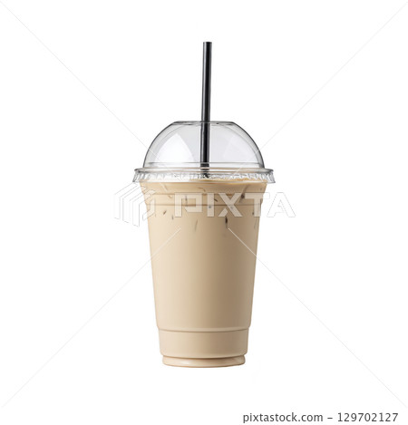 Plastic cup filled with iced coffee, featuring clear dome lid and black straw, isolated on transparency background. drink appears refreshing and ready to enjoy 129702127