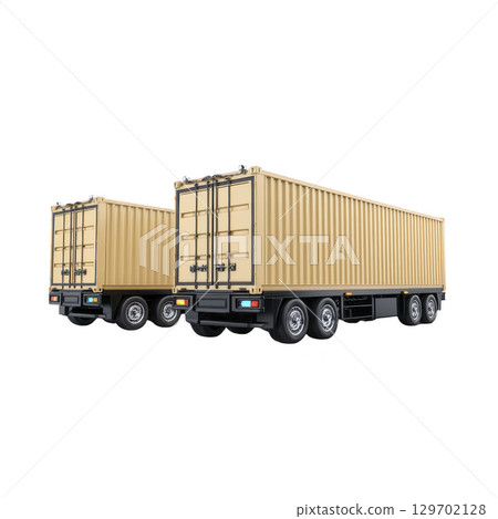 Two large cargo trucks with beige containers are parked side by side, showcasing their rear views. trucks are designed for transporting goods, emphasizing logistics and transportation efficiency Two large cargo trucks with beige containers are parked side by side, showcasing their rear views. trucks are designed for transporting goods, emphasizing logistics and transportation efficiency 129702128