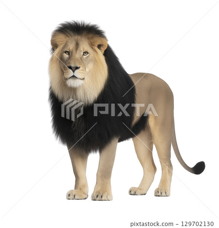 Majestic lion stands proudly, showcasing its powerful build and regal mane. lion intense gaze and strong posture convey sense of strength and authority 129702130