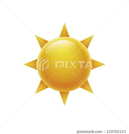 Bright yellow sun icon with eight triangular rays radiating outward, symbolizing warmth and sunny weather. glossy appearance adds cheerful and vibrant touch 129702151