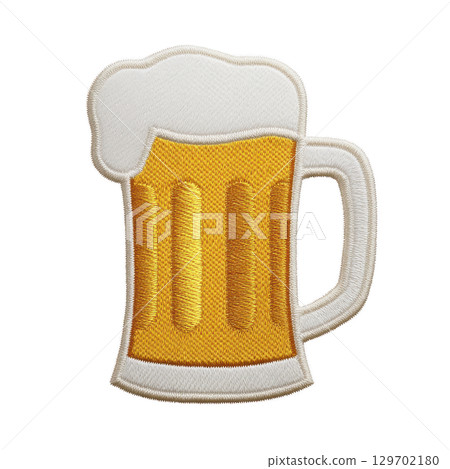 Patch design of frothy beer mug with handle, featuring golden yellow color and white foam on top, symbolizing refreshment and celebration 129702180