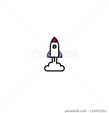 Simple rocket icon with red tip and blue fins launches upward, leaving trail of smoke. minimalist design conveys sense of adventure and innovation 129702202