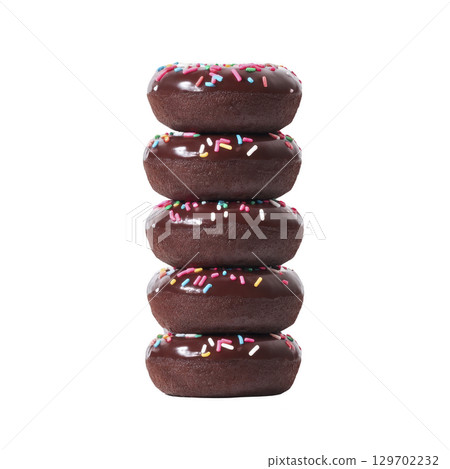 Stack of five chocolate donuts with colorful sprinkles is arranged vertically, creating tempting and playful display. glossy chocolate glaze adds rich texture 129702232