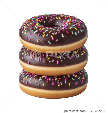 Three stacked chocolate glazed donuts with colorful sprinkles create tempting and delightful treat. glossy chocolate coating and vibrant sprinkles add playful touch 129702233