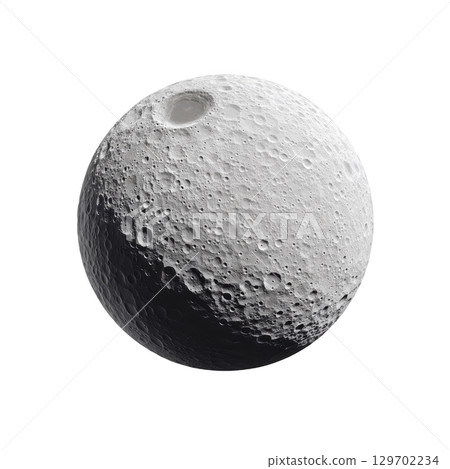 This shows heavily cratered moon like celestial body with prominent large crater, resembling natural satellite. surface is covered in numerous smaller craters, indicating history of impacts 129702234