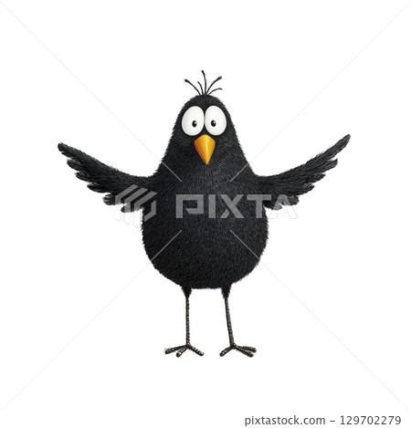 Cartoon black bird with wide eyes and orange beak stands with its wings spread, conveying surprised expression. bird simple design and fluffy texture add to its charm 129702279