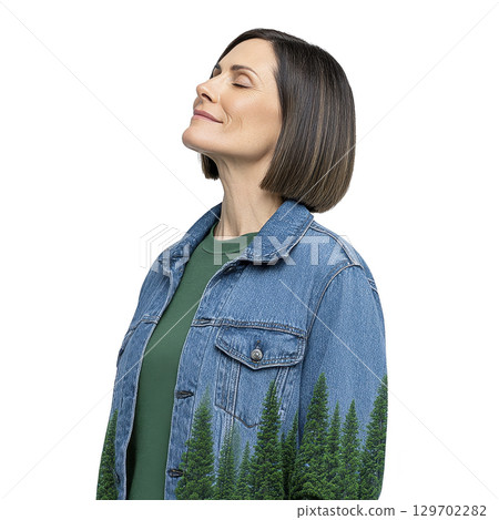 Woman in denim jacket stands with eyes closed, smiling peacefully, with forest scene blended into her clothing, symbolizing connection with nature 129702282