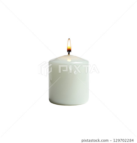 White candle with gentle flame burns softly, creating warm and calming atmosphere. wax appears smooth and slightly glossy, with few drips visible on surface 129702284