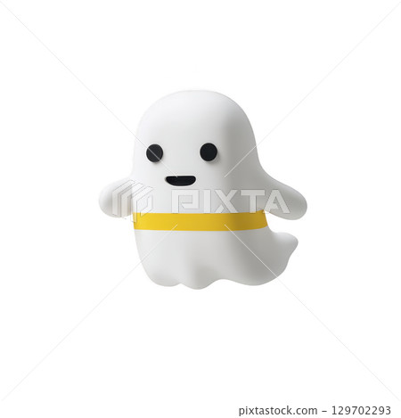 Cute, smiling cartoon ghost with yellow belt floats against transparent background, evoking playful and whimsical Halloween theme 129702293