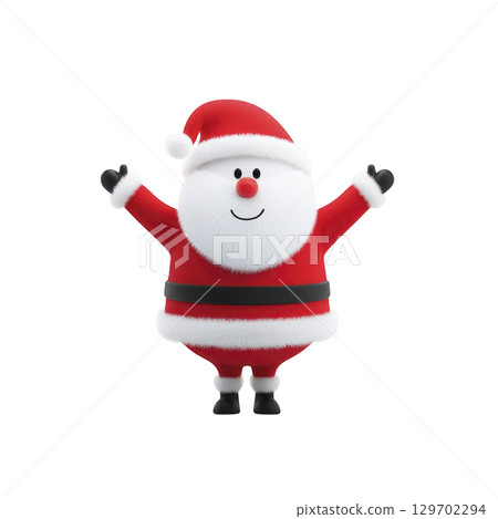 Cheerful cartoon Santa Claus with big smile and open arms, wearing classic red suit and hat, stands against transparency background. image conveys festive and joyful holiday spirit 129702294