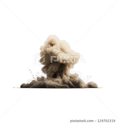 Large cloud of dust and smoke rises dramatically from ground, creating dynamic and powerful visual effect. explosion is isolated on transparency background, emphasizing its intensity Large cloud of dust and smoke rises dramatically from ground, creating dynamic and powerful visual effect. explosion is isolated on transparency background, emphasizing its intensity 129702319
