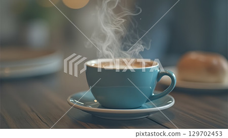 Cozy morning: aromatic coffee cup with swirling steam and a delectable pastry delight creating perfect ambience Cozy morning: aromatic coffee cup with swirling steam and a delectable pastry delight creating perfect ambience 129702453