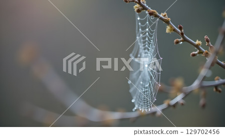 Delicate dew drops clinging to a spider web, capturing the beauty of nature's intricate designs and early morning moments Delicate dew drops clinging to a spider web, capturing the beauty of nature's intricate designs and early morning moments 129702456