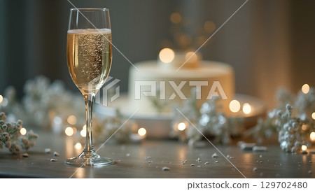 Elegant celebration scene with sparkling champagne cake and delicate floral decorations with warm bokeh 129702480
