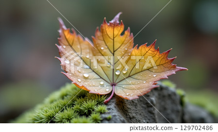 Maple leaf covered with water droplets resting on moss covered stone in autumn season Maple leaf covered with water droplets resting on moss covered stone in autumn season 129702486
