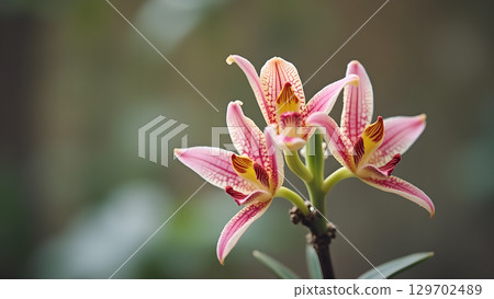 Captivating close-up shot showcasing the intricate beauty of three vibrant pink and yellow orchid flowers 129702489