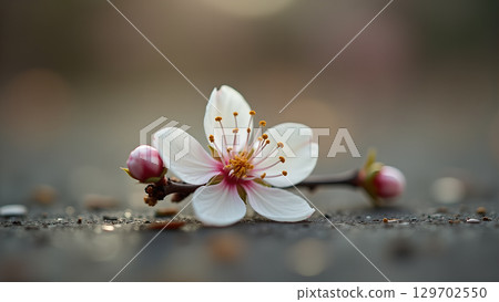 Delicate white cherry blossom with pink accents resting on rough textured surface creates a serene springtime scene 129702550