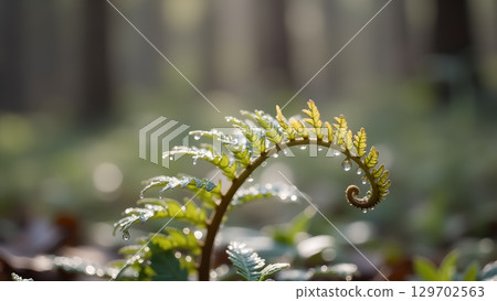 The curled fern leaf shows new life growth with water droplets on an early morning in spring The curled fern leaf shows new life growth with water droplets on an early morning in spring 129702563