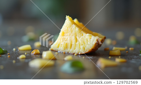 Delicious slice of pineapple with small pieces on gray table ready to eat and served 129702569