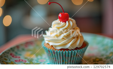 Delicious vanilla cupcake adorned with a vibrant cherry, sitting on a floral plate 129702574