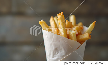 Delicious crispy french fries served in white paper cone create fast food temptation experience Delicious crispy french fries served in white paper cone create fast food temptation experience 129702576
