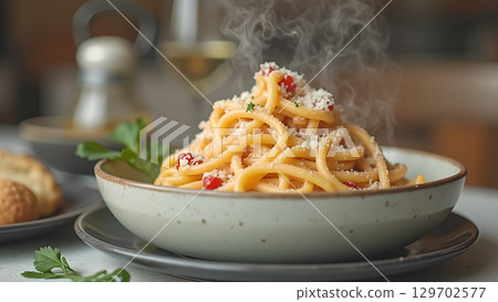 Delicious Bucatini Pasta with Parmesan Cheese and Pomegranate Seeds, Perfect for a Lunch Meal 129702577