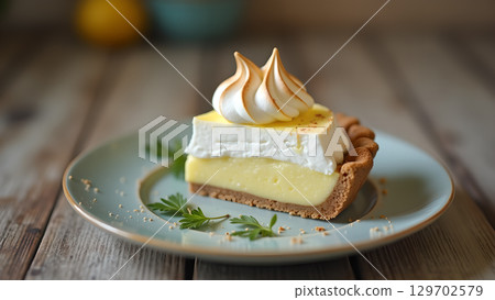 Delicious slice of homemade lemon meringue pie on blue plate over wooden background and parsley garnish 129702579