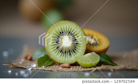 Delightful kiwi fruit slices with lime on burlap showcasing fresh and vibrant natural elements 129702584