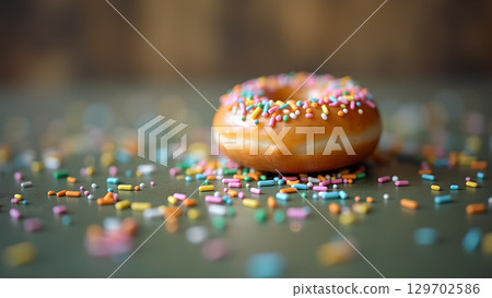 Delicious glazed donut with colorful sprinkles, showcasing sweet indulgence and tempting treats, perfect for food photography Delicious glazed donut with colorful sprinkles, showcasing sweet indulgence and tempting treats, perfect for food photography 129702586