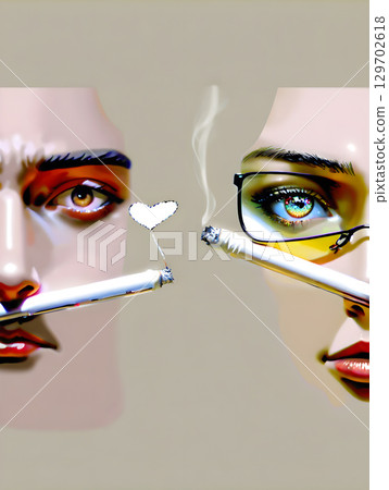 一男一女並肩站著，眼神沒有交流，正在進行煙霧繚繞的對話 129702618