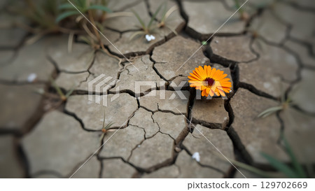 Vibrant orange calendula flower blooming amidst cracked and barren earth shows resilience of nature 129702669