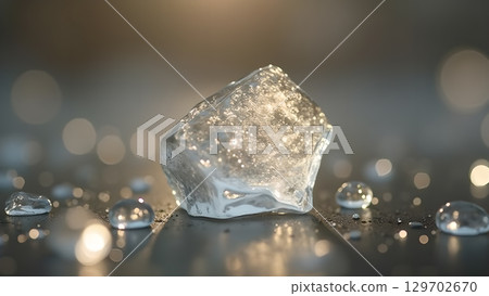 Ice cube melting with water droplets, showcasing the beauty and fragility of frozen water and its transformation 129702670