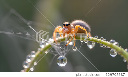Charming jumping spider perched delicately on a dewy stem, capturing the beauty of nature, glistening, and morning dew 129702687