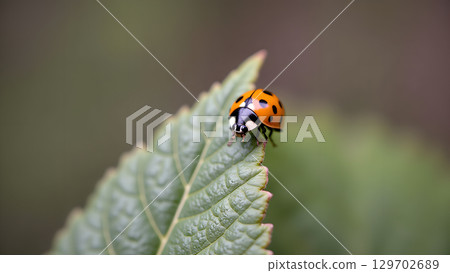 Ladybug resting on a vibrant green leaf showing intricate patterns during a sunny day 129702689
