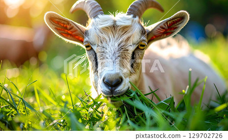goat on green grass, a goat eating fresh green grass in farm field, showing detailed horns, fur, and bright eyes, with warm golden sunlight background, symbolizing nature and rural life 129702726