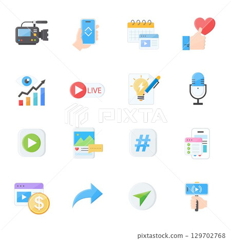 Video Marketing & Social Media Icon Set Live Stream, Content Creation 129702768