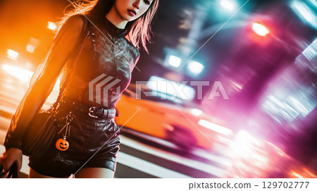 A woman walking through the city at night with Halloween accessories 129702777