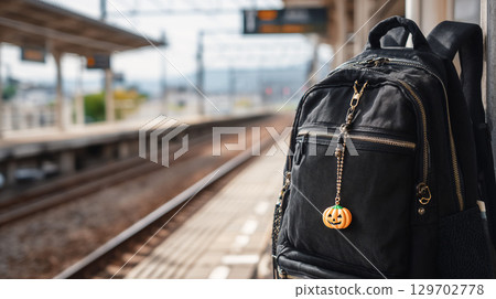 Bags and Halloween accessories on the train platform 129702778
